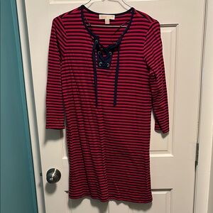 Red and Navy Blue Striped Dress with Lace-Up Detail